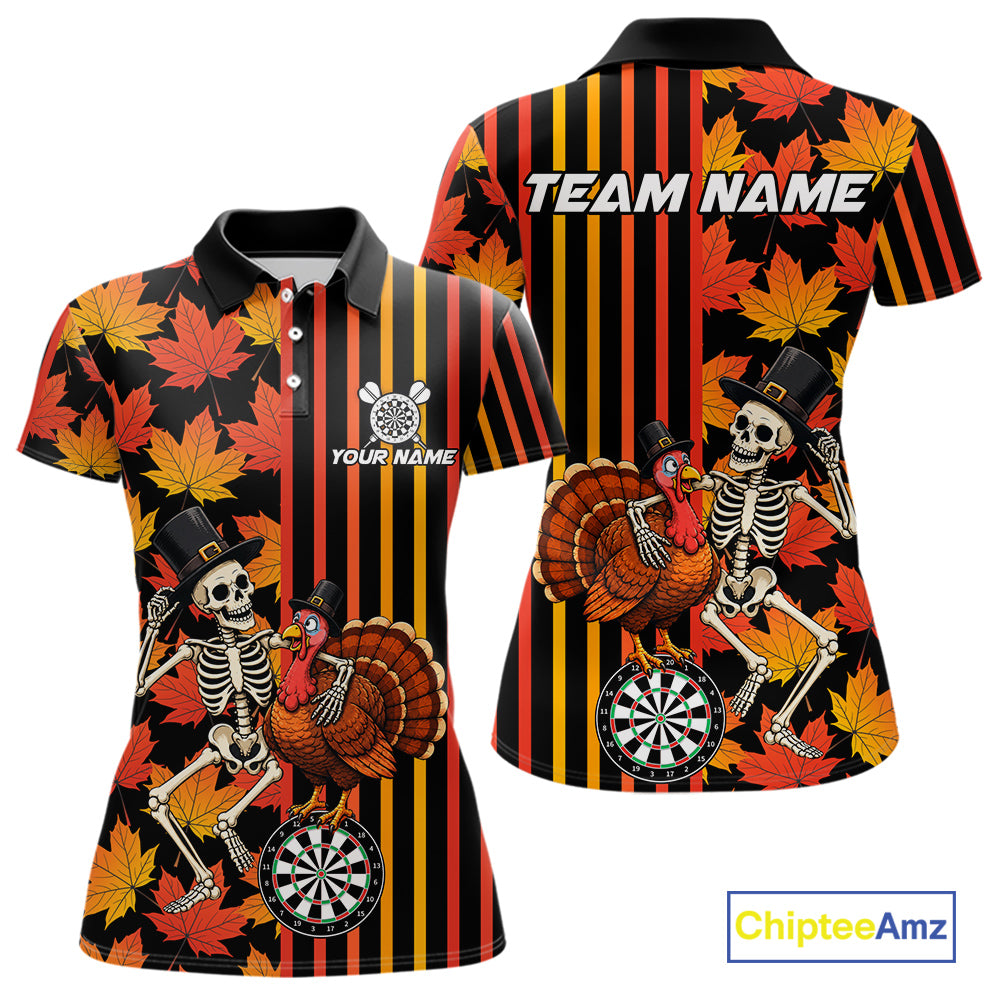 Thanksgiving Darts Team Shirt For Women Custom Skeleton Turkey Dartboard Fall Autumn Leaves Dart Jersey NYN4471