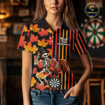 Thanksgiving Darts Team Shirt For Women Custom Skeleton Turkey Dartboard Fall Autumn Leaves Dart Jersey NYN4471