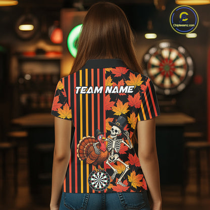 Thanksgiving Darts Team Shirt For Women Custom Skeleton Turkey Dartboard Fall Autumn Leaves Dart Jersey NYN4471