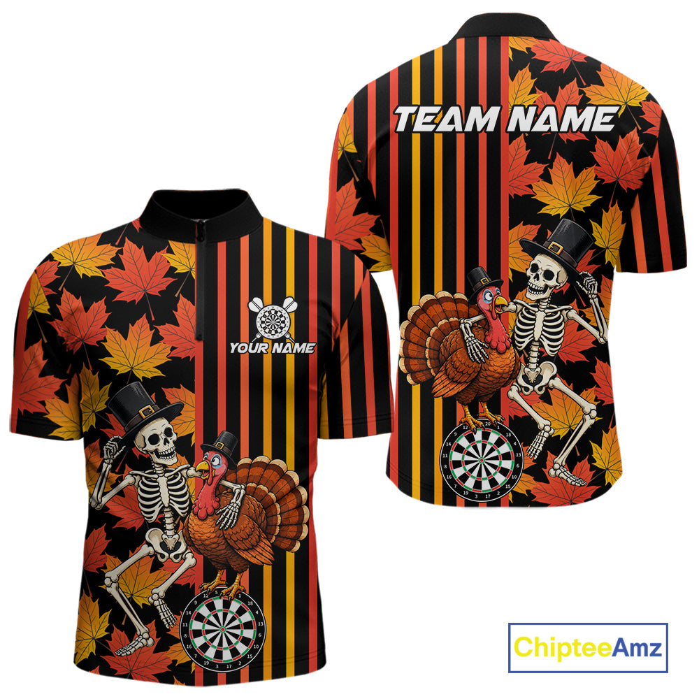 Thanksgiving Darts Team Shirt For Men Custom Skeleton Turkey Dartboard Fall Autumn Leaves Dart Jersey NYN4471