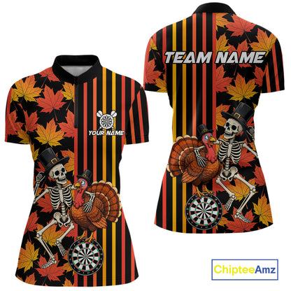 Thanksgiving Darts Team Shirt For Women Custom Skeleton Turkey Dartboard Fall Autumn Leaves Dart Jersey NYN4471