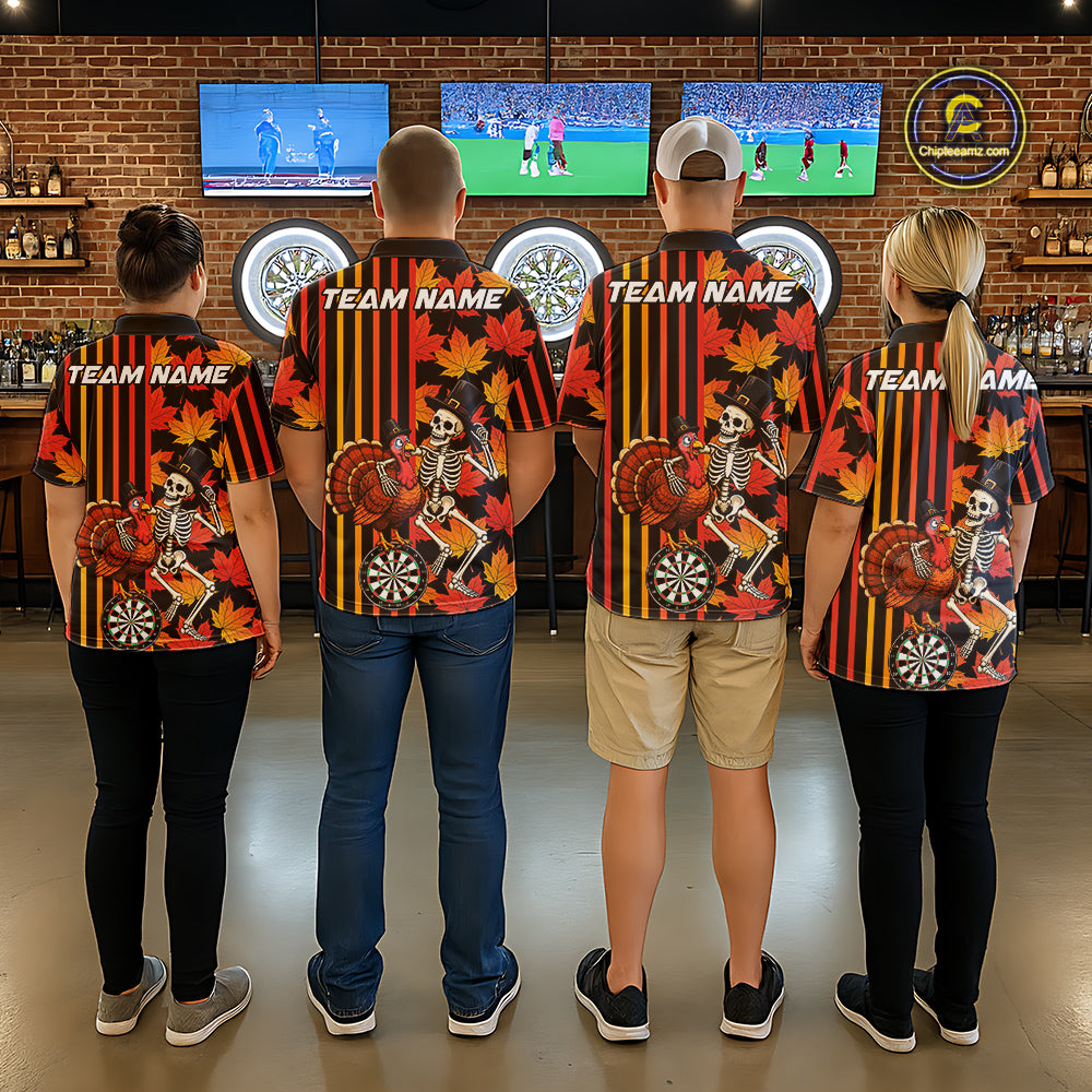 Thanksgiving Darts Team Shirt For Men Custom Skeleton Turkey Dartboard Fall Autumn Leaves Dart Jersey NYN4471
