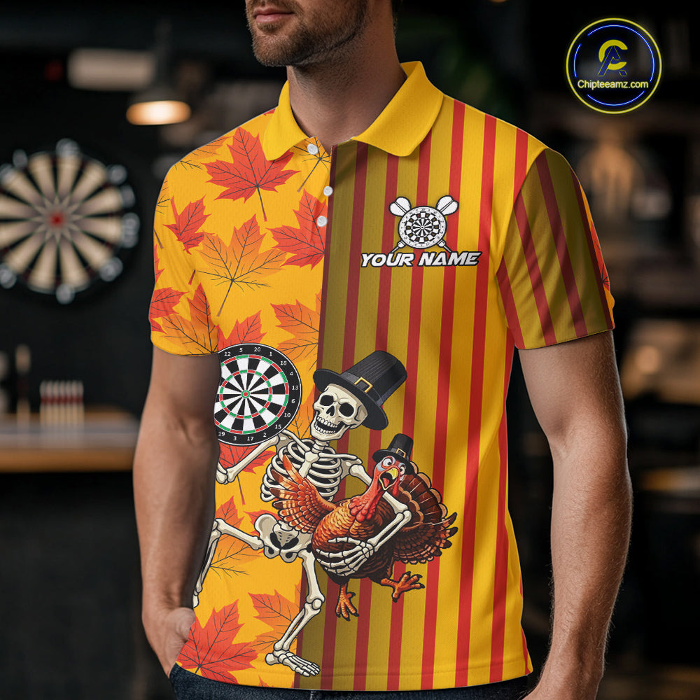 Custom Skeleton Turkey Funny Darts Team Shirt For Men Fall Autumn Leaves Thanksgiving Dart Jersey NYN4472