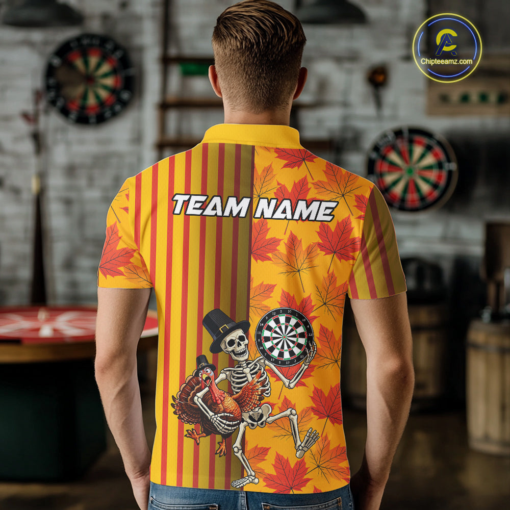 Custom Skeleton Turkey Funny Darts Team Shirt For Men Fall Autumn Leaves Thanksgiving Dart Jersey NYN4472