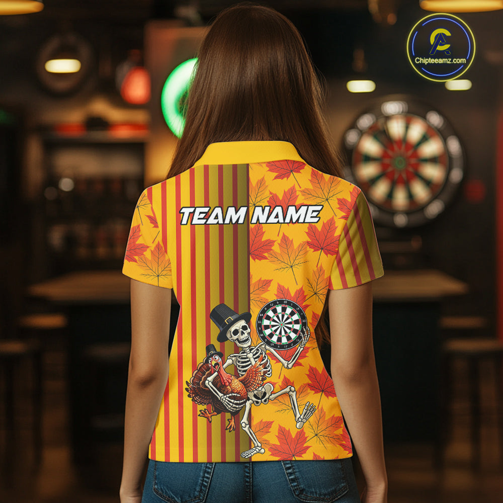 Custom Skeleton Turkey Funny Darts Team Shirt For Women Fall Autumn Leaves Thanksgiving Dart Jersey NYN4472