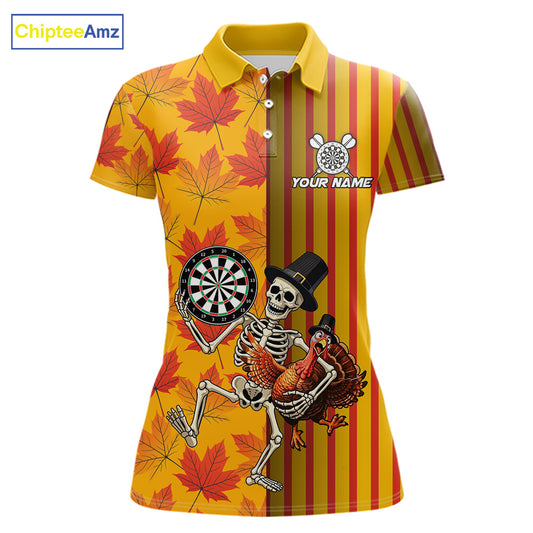 Custom Skeleton Turkey Funny Darts Team Shirt For Women Fall Autumn Leaves Thanksgiving Dart Jersey NYN4472