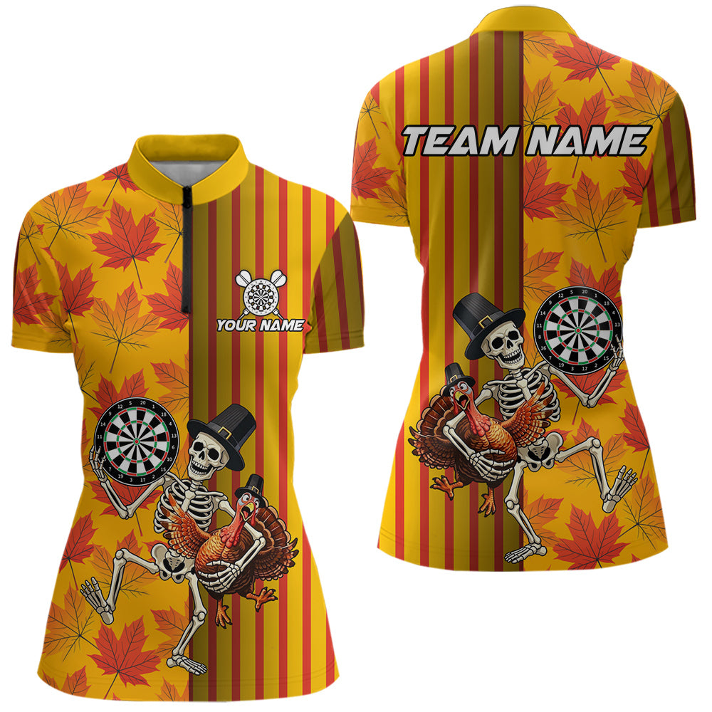 Custom Skeleton Turkey Funny Darts Team Shirt For Women Fall Autumn Leaves Thanksgiving Dart Jersey NYN4472