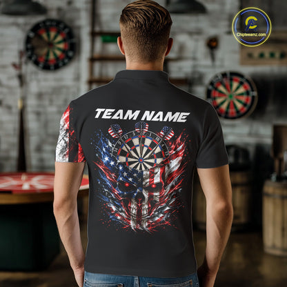 Personalized US Flag Skull Darts Polo 1/4-Zip Shirt For Men Patriotic Darts Team Uniform Jersey NYN4841