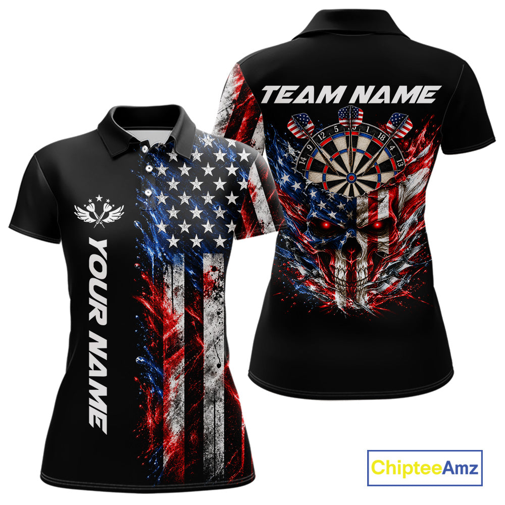 Personalized US Flag Skull Darts Polo 1/4-Zip Shirt For Women Patriotic Darts Team Uniform Jersey NYN4841