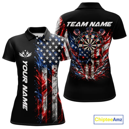 Personalized US Flag Skull Darts Polo 1/4-Zip Shirt For Women Patriotic Darts Team Uniform Jersey NYN4841