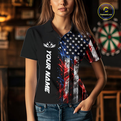 Personalized US Flag Skull Darts Polo 1/4-Zip Shirt For Women Patriotic Darts Team Uniform Jersey NYN4841