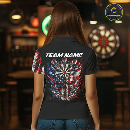 Personalized US Flag Skull Darts Polo 1/4-Zip Shirt For Women Patriotic Darts Team Uniform Jersey NYN4841