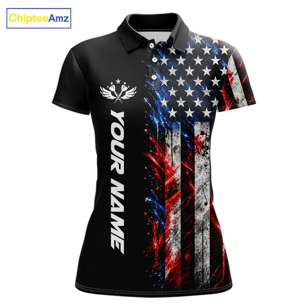Personalized US Flag Skull Darts Polo 1/4-Zip Shirt For Women Patriotic Darts Team Uniform Jersey NYN4841