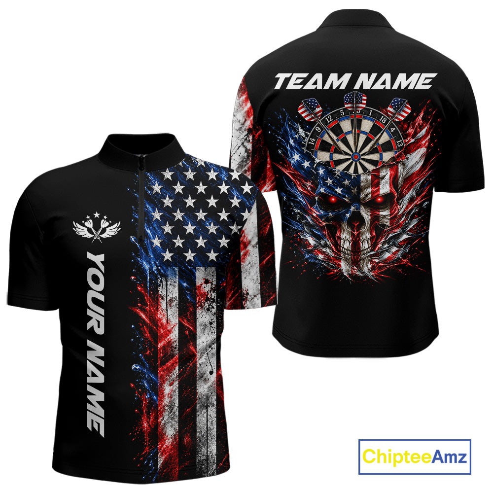 Personalized US Flag Skull Darts Polo 1/4-Zip Shirt For Men Patriotic Darts Team Uniform Jersey NYN4841