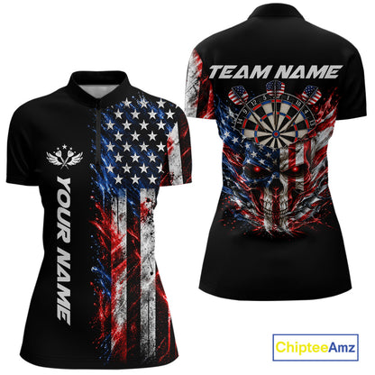 Personalized US Flag Skull Darts Polo 1/4-Zip Shirt For Women Patriotic Darts Team Uniform Jersey NYN4841