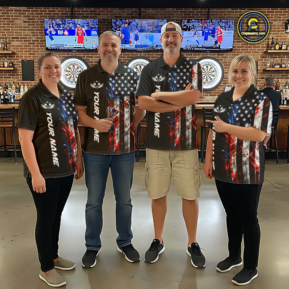 Personalized US Flag Skull Darts Polo 1/4-Zip Shirt For Women Patriotic Darts Team Uniform Jersey NYN4841