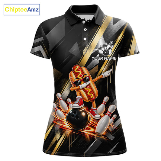 Cool Dabbing Hotdog Bowling Polo 1/4-Zip Shirt For Women Custom Men Funny Bowling Apparel Bowler Gift NYN4849