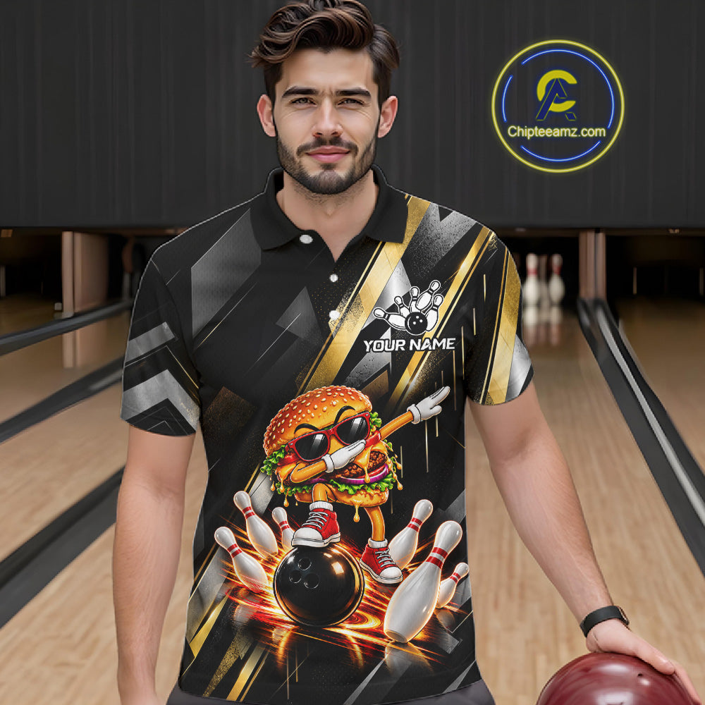 Cool Dabbing Burger Bowling Polo 1/4-Zip Shirt For Men Custom Men Funny Bowling Apparel Bowler Gift NYN4850