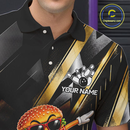 Cool Dabbing Burger Bowling Polo 1/4-Zip Shirt For Men Custom Men Funny Bowling Apparel Bowler Gift NYN4850