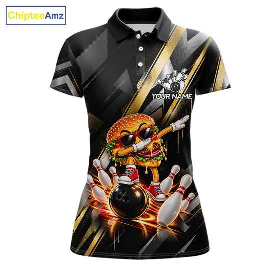 Cool Dabbing Burger Bowling Polo 1/4-Zip Shirt For Women Custom Men Funny Bowling Apparel Bowler Gift NYN4850
