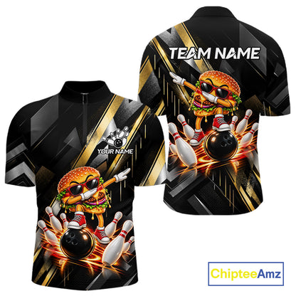 Cool Dabbing Burger Bowling Polo 1/4-Zip Shirt For Men Custom Men Funny Bowling Apparel Bowler Gift NYN4850