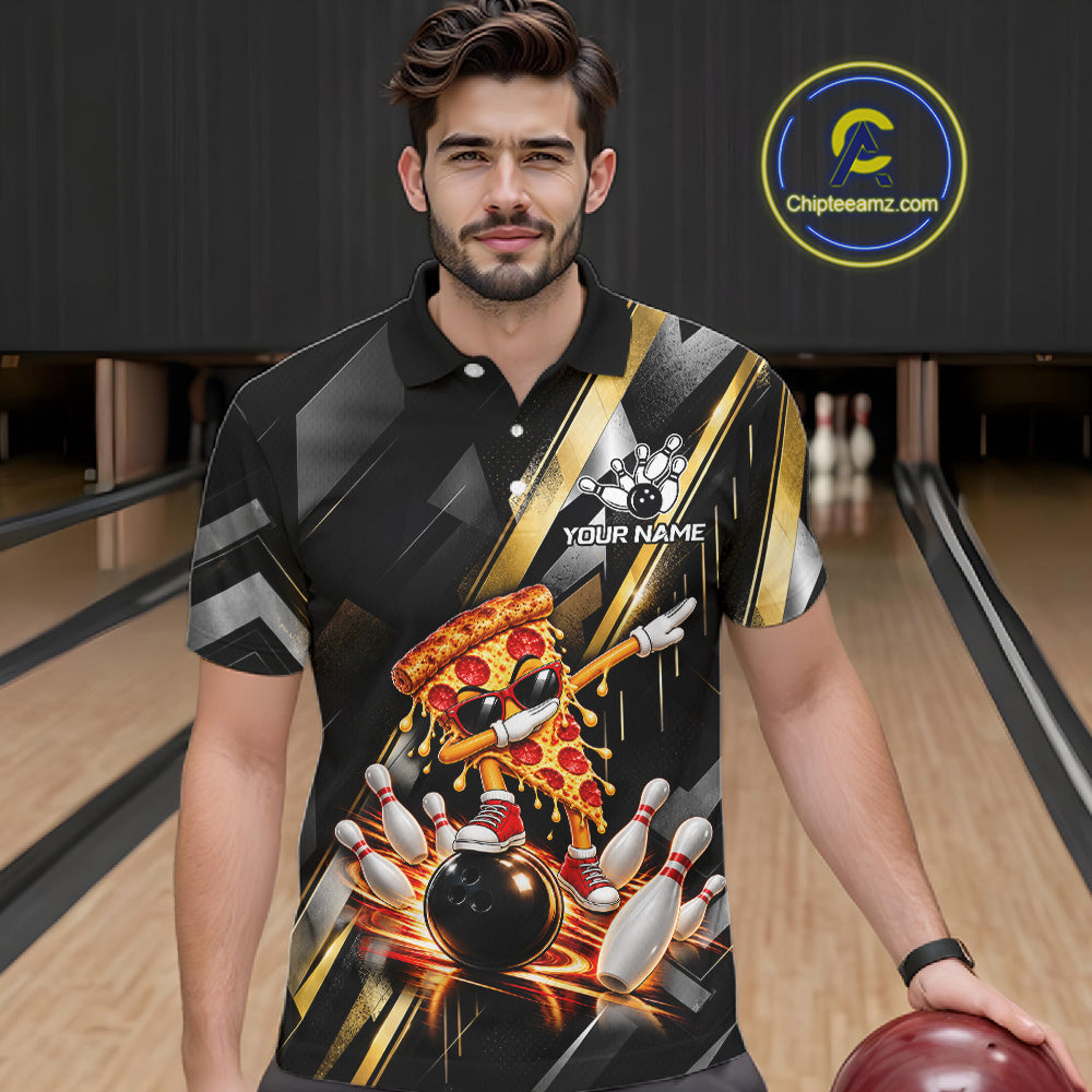 Cool Dabbing Pizza Bowling Polo 1/4-Zip Shirt For Men Custom Men Funny Bowling Apparel Bowler Gift NYN4851