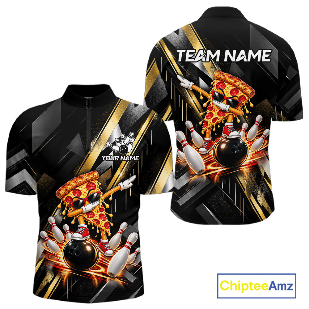 Cool Dabbing Pizza Bowling Polo 1/4-Zip Shirt For Men Custom Men Funny Bowling Apparel Bowler Gift NYN4851