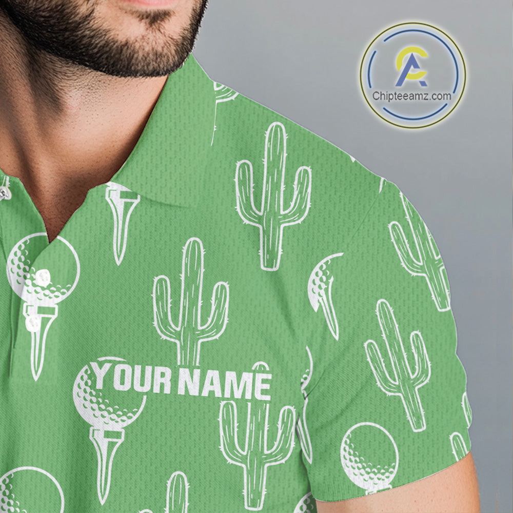 Personalized Desert Cactus Green Pattern Mens Golf Polo Shirts Custom Funny Cactus Golf Gifts NYN2844