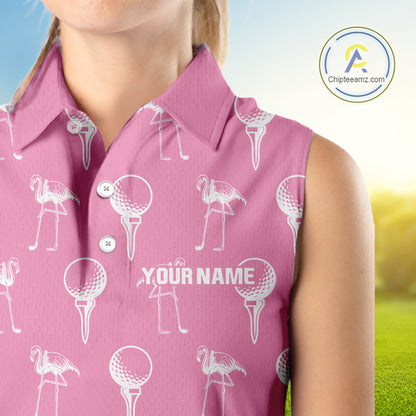 Personalized Flamingo Pink Pattern Womens Golf Sleeveless Polo Shirts Custom Funny Flamingo Golf Gifts NYN2845