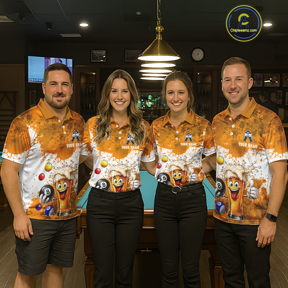 Funny Beer 8 Ball Mens Billiard Shirt Custom White Yellow Splatter Paint Billiard Pool Team Clothing NYN3223
