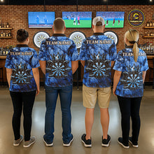 Load image into Gallery viewer, Men women dart team wearing Blue Crown Dartboard professional dart team jerseys