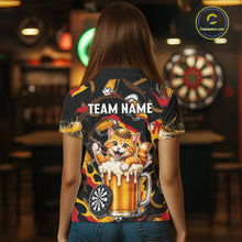 Load image into Gallery viewer, Female dart player wearing Cool Cat Beer dart team uniform at league tournament