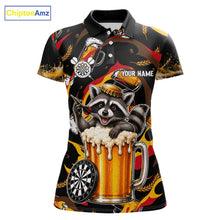 Load image into Gallery viewer, Raccoon Beer women's dart polo shirt personalized dart team uniform, custom name dart jersey, tournament apparel