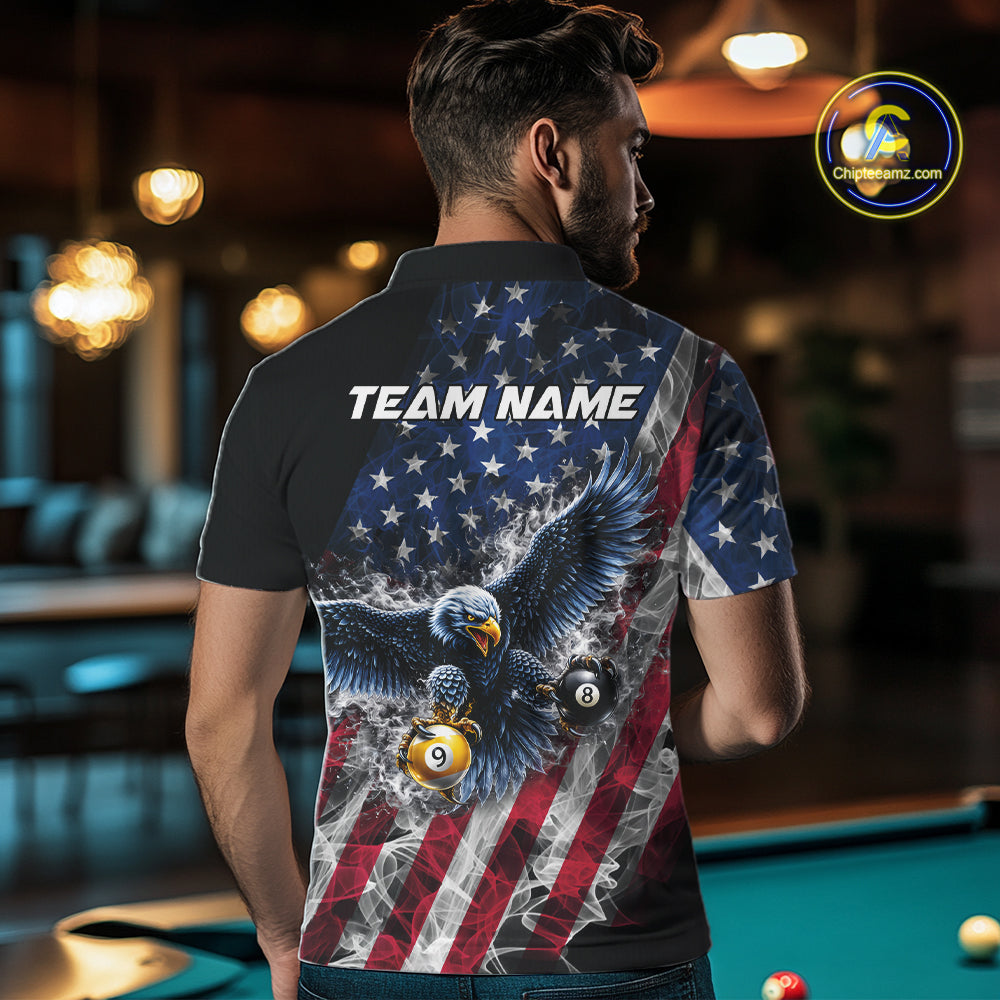 Smoke US Flag 8 Ball & 9 Ball Pool Men Billiard Shirt Custom Eagle Patriotic Team Billiard Jersey NYN4100