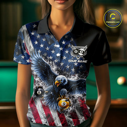 Smoke US Flag 8 Ball & 9 Ball Pool Women Billiard Shirt Custom Eagle Patriotic Team Billiard Jersey NYN4100
