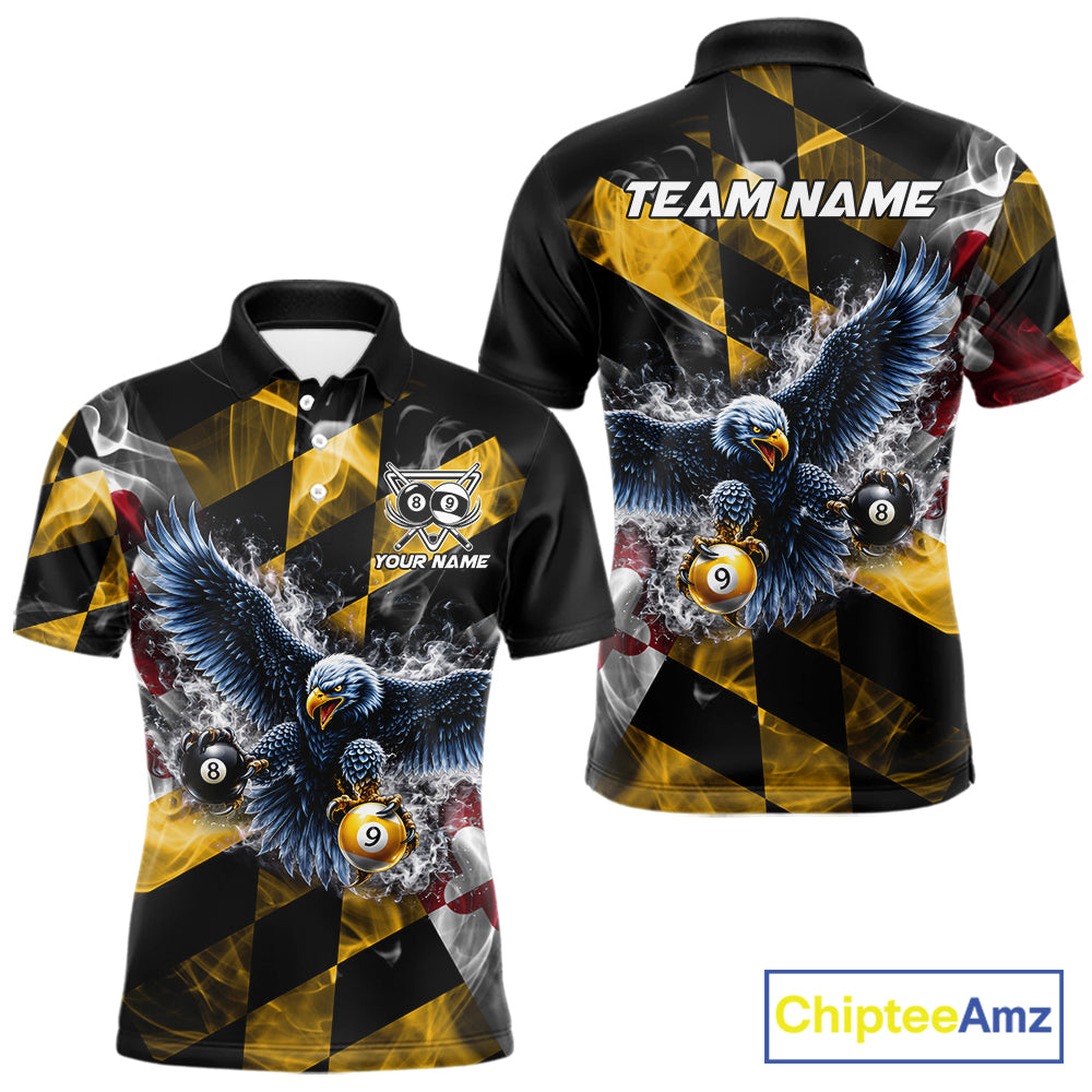 Smoke Maryland Flag 8 Ball & 9 Ball Pool Men Billiard Shirt Custom Eagle Patriotic Team Billiard Jersey NYN4101
