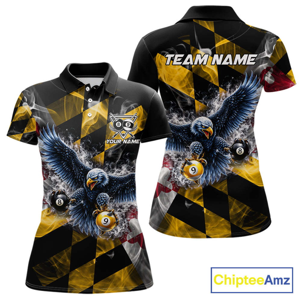 Smoke Maryland Flag 8 Ball & 9 Ball Pool Women Billiard Shirt Custom Eagle Patriotic Team Billiard Jersey NYN4101