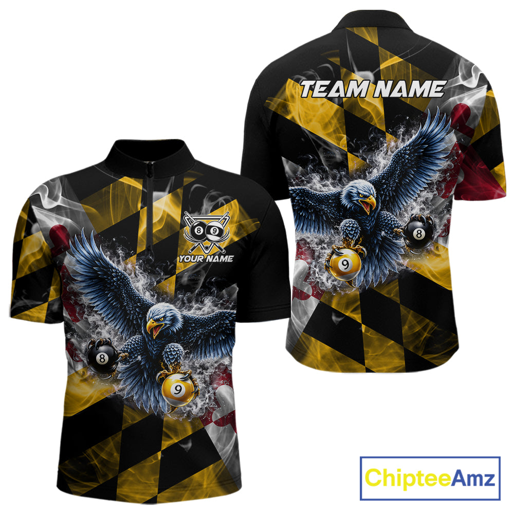 Smoke Maryland Flag 8 Ball & 9 Ball Pool Men Billiard Shirt Custom Eagle Patriotic Team Billiard Jersey NYN4101