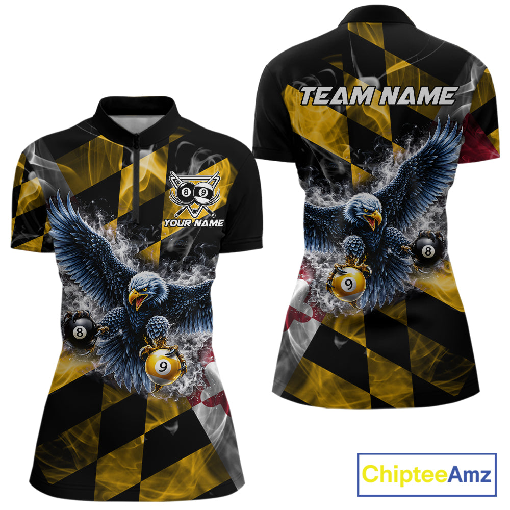 Smoke Maryland Flag 8 Ball & 9 Ball Pool Women Billiard Shirt Custom Eagle Patriotic Team Billiard Jersey NYN4101