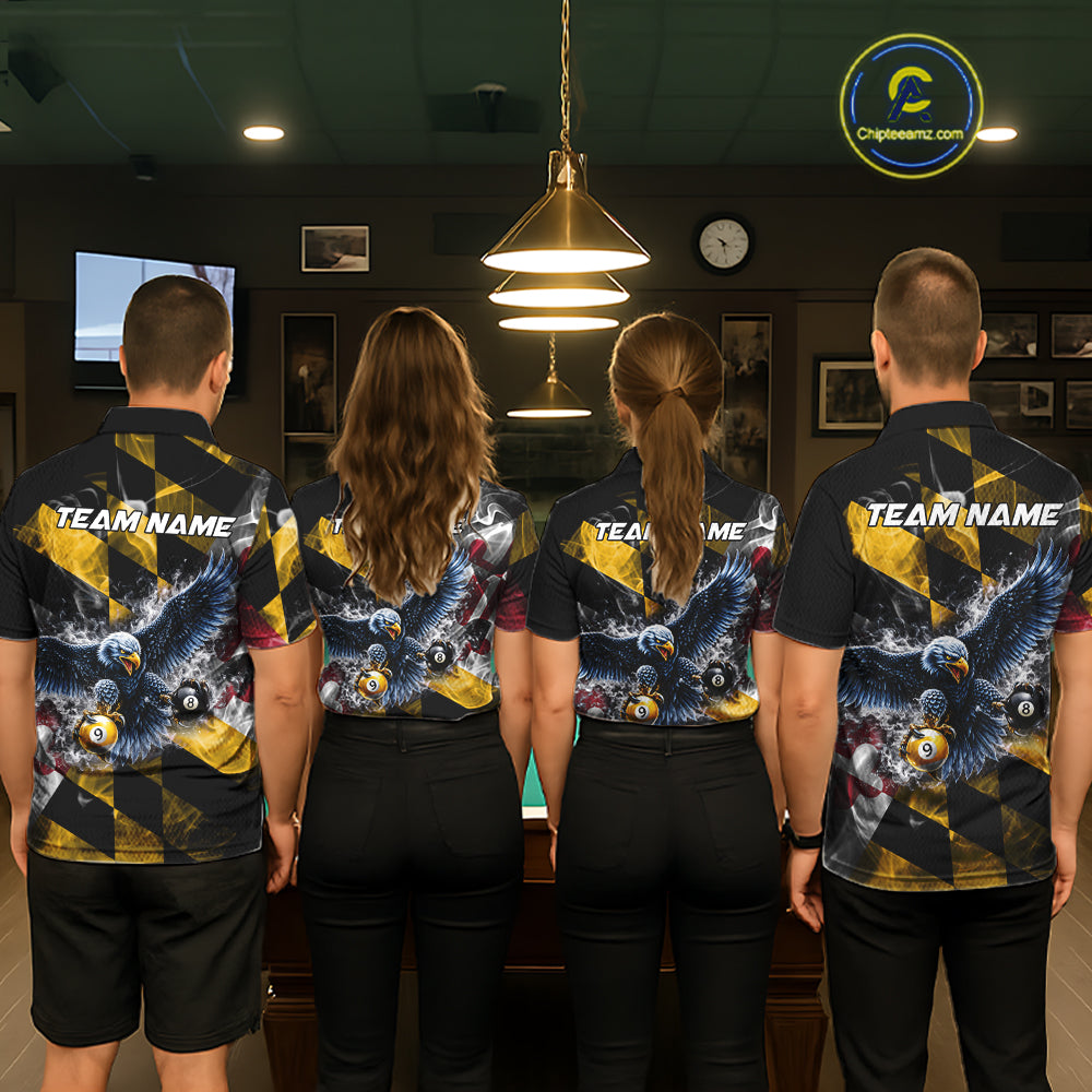 Smoke Maryland Flag 8 Ball & 9 Ball Pool Men Billiard Shirt Custom Eagle Patriotic Team Billiard Jersey NYN4101