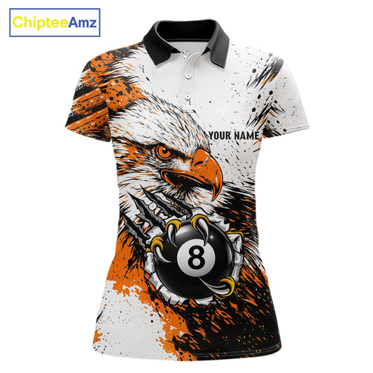 Orange Splatter Eagle 8 Ball Pool Polo Shirt For Women Custom Billiard League Team Jersey With Name NYN4490