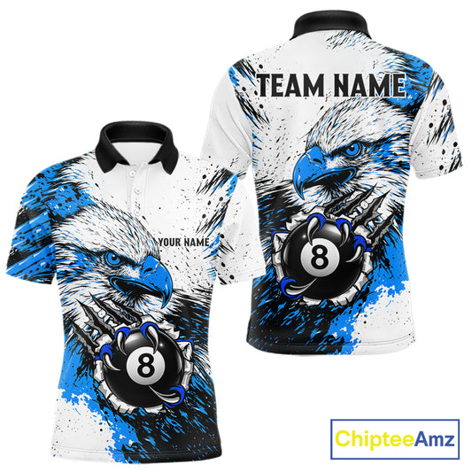 Blue Splatter Eagle 8 Ball Pool Polo Shirt For Men Custom Billiard League Team Jersey With Name NYN4491