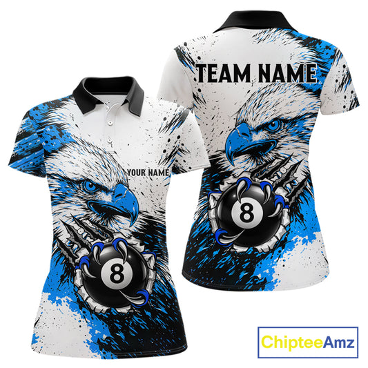 Blue Splatter Eagle 8 Ball Pool Polo Shirt For Women Custom Billiard League Team Jersey With Name NYN4491