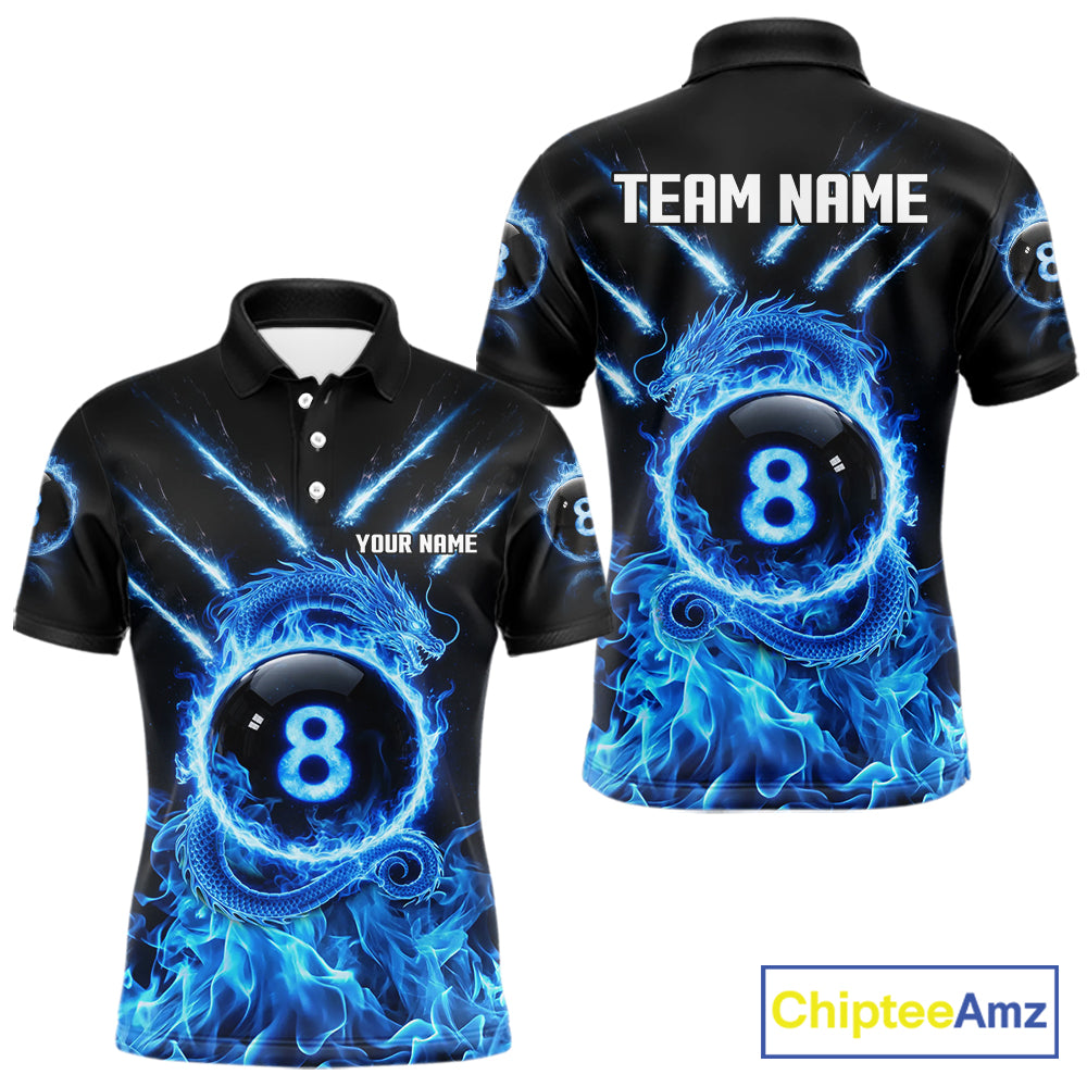 Blue Flaming Dragon Pool 8 Ball Men Billiard Team Shirt Custom Billiard Polo & 1/4-Zip Attire NYN2497