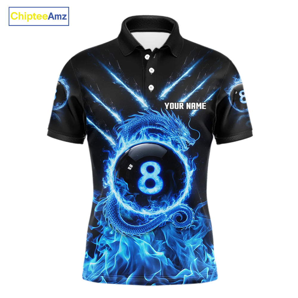 Blue Flaming Dragon Pool 8 Ball Men Billiard Team Shirt Custom Billiard Polo & 1/4-Zip Attire NYN2497