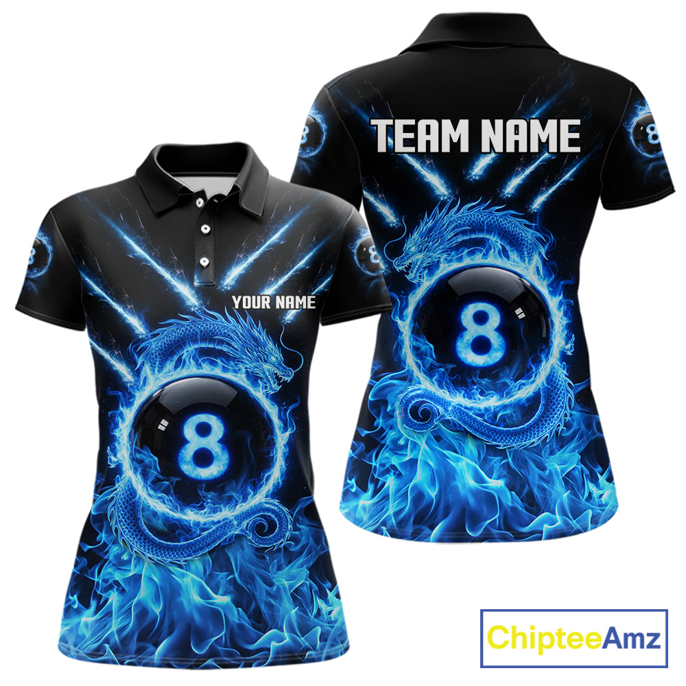 Blue Flaming Dragon Pool 8 Ball Women Billiard Team Shirt Custom Billiard Polo & 1/4-Zip Attire NYN2497