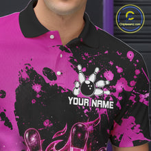 Load image into Gallery viewer, Male bowler wearing Black and Pink Galaxy bowling jersey during bowling tournament and league competition
