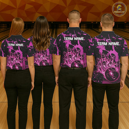 Men women bowling team wearing Black and Pink Galaxy custom bowling uniforms, professional bowling team jerseys