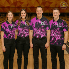 Load image into Gallery viewer, Men women bowling team wearing Black and Pink Galaxy custom bowling uniforms, professional bowling team jerseys