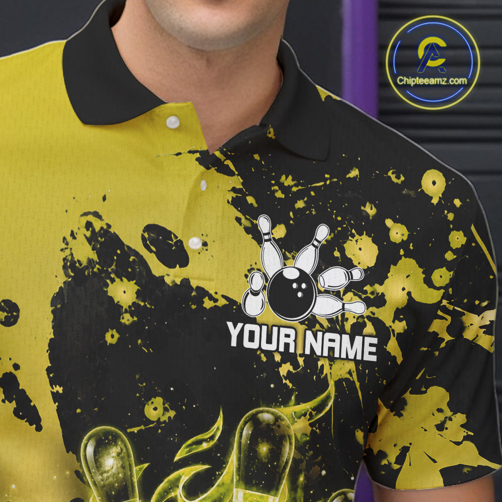 Male bowler wearing Black and Yellow Galaxy bowling jersey in competitive bowling league match